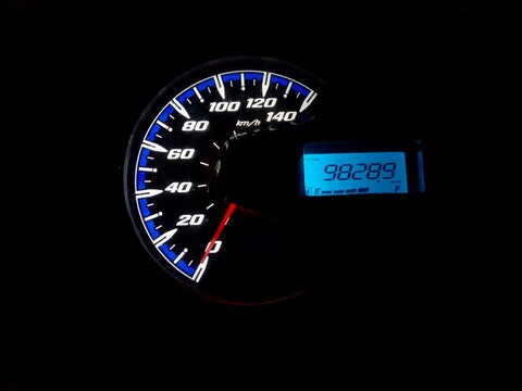 motorbike speedometer panel in the dark. The speedometer needle is at 0 per kilometer.
 - Powered by Adobe