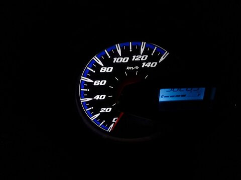 speedometer on black background. motorbike speedometer panel in the dark. The speedometer needle is at 0 per kilometer.