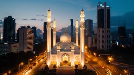 Mosque with detailed heritage designs, illuminated by neon lights, vibrant streets creating a captivating mix of tradition and modernity