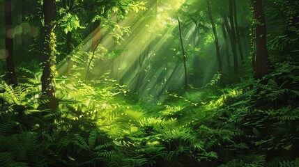 Sunlight filters through lush green foliage, casting dappled shadows on the forest floor