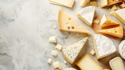 A variety of cheeses, including brie, cheddar, gouda, and blue cheese, are arranged on a grey surface.