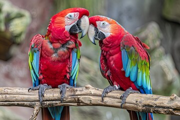 Two scarlet macaws perched on a branch, heads touching.