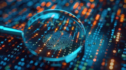 A close-up of a magnifying glass revealing a fingerprint pattern hidden within a digital data field.