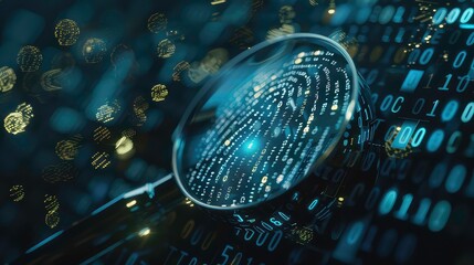 A magnifying glass focuses on a detailed close-up of binary code surrounded by abstract glowing shapes.