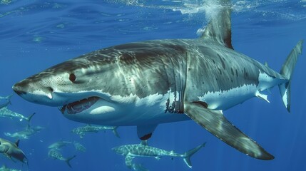 Fototapeta premium Great White Shark Swimming Underwater with Other Sharks