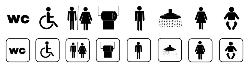 WC icons set. Toilet sign. Man, woman, mother with baby and handicapped silhouettes collection. Male and female restroom.