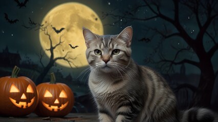 Obraz premium cat in a pumpkin costume for halloween, AI generated