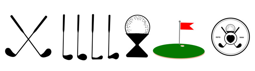 A set of linear icons related to golf. Golf ball, bat, course, outfit and so on. Outline sports icons set.