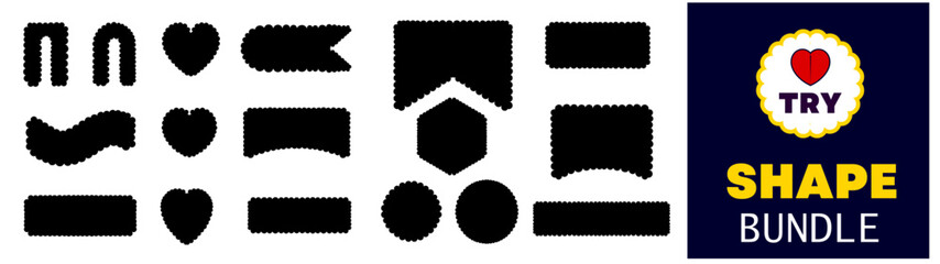 Scallop edge shapes - circle, square, arch, oval, modern brutalism forms. Retro vawe swiss design elements with frill border. Vector illustration of aesthetic futuristic memphis figures.