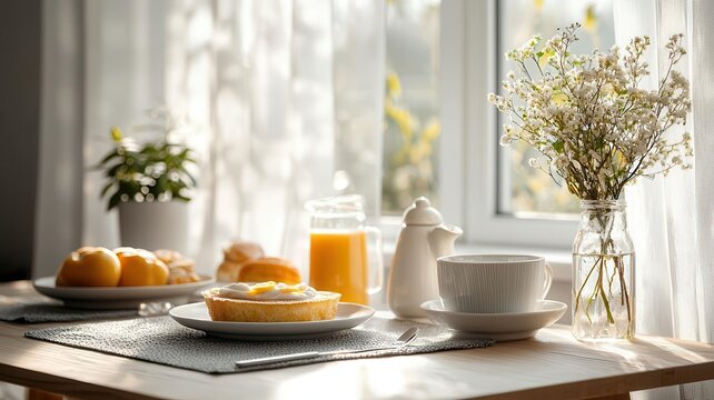 Soft morning light filtering through sheer curtains onto a dining table set for a peaceful breakfast