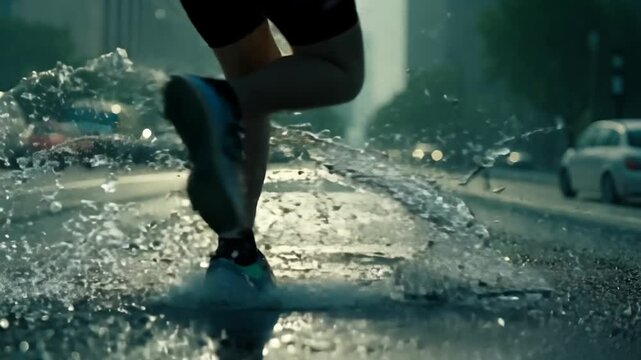 A runner navigates a wet city street, splashing through a puddle as rain continues to fall in the early morning light