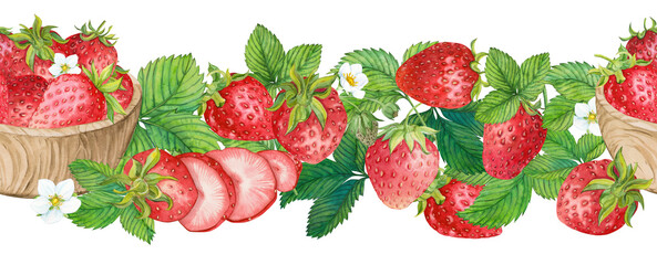 Red strawberry seamless border. Ripe red berries, flowers and leaves. Hand drawn watercolor ornament. Delicious food, fresh botanical realistic painting. Summer berry banner for menu, packaging, print