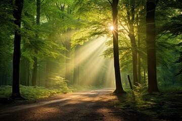 Obraz premium Beautiful green forest landscape light sunlight.