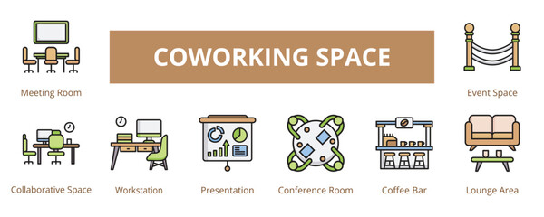 Coworking Space Lineal Color Banner Web Icon Set Vector Illustration, Meeting Room Collaborative Space Workstation Presentation Conference Room Coffee Bar Lounge Area Event Space