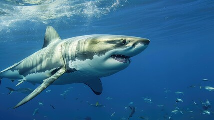 Fototapeta premium Great White Shark with Open Mouth Surrounded by Fish
