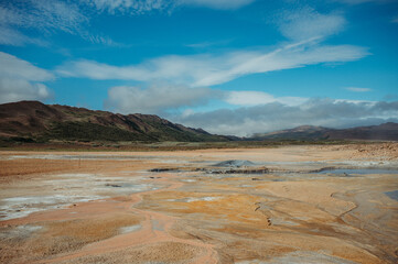 geothermal area in Hverir, Iceland on a sunny day