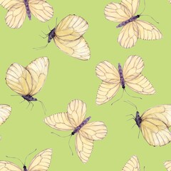 Watercolor illustration of white butterflies. Seamless pattern in Provence style on a green background. For fabric, textiles, wallpaper, prints.