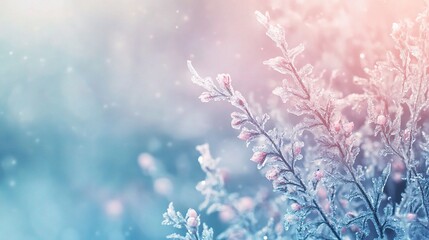Winter's Pastel Dream: Frosty branches shimmer in the soft, ethereal glow of a winter sunrise, capturing the serene beauty of a frozen world. 