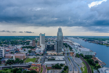 Downtown Mobile skyline at sunset in July