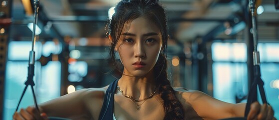 Korean woman training at gym using hand expander 