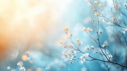 Sunlit Blooms: Delicate white blossoms on a slender branch, bathed in the warm glow of the setting sun, creating a serene and ethereal atmosphere. 