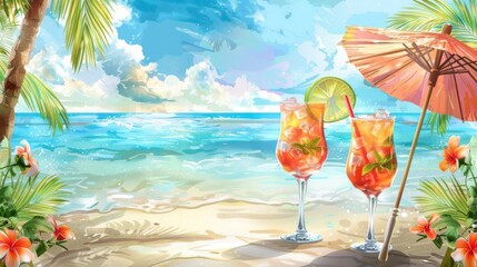 Tropical beach scene with cocktails, palm trees, and an umbrella.