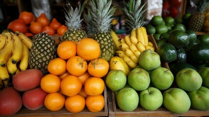 Exotic fruit market, overflowing stall, tropical colors, vibrant backdrop