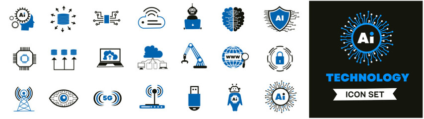 AI Information Technology icon set. Containing cloud computing, IT manager, big data, data analytics, internet, network security and more. Solid vector icons collection
