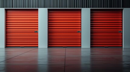 Contemporary storage units with bright red metal doors, industrial design, self-storage and rental units concept