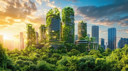 Illustration of a vibrant and eco-friendly city scene featuring green buildings, renewable energy sources and urban greenery. Ai generated image