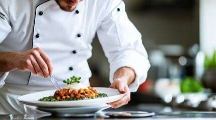 A chef plating a gourmet dish in a professional kitchen, culinary artistry