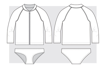 Sunscreen swimsuit with long sleeves top with zipper. Technical sketch.