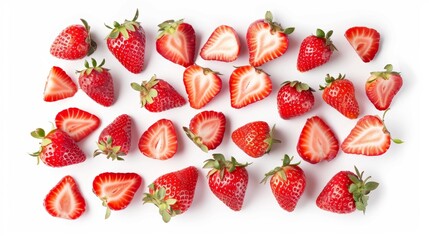 A mix of whole strawberries, halved, and sliced pieces, arranged aesthetically. Isolated on a white background with focus on freshness and color