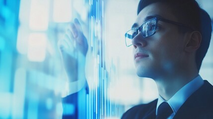A focused analyst studies upward data trends on a transparent display in a contemporary office setting, showcasing the intersection of technology and business analysis
