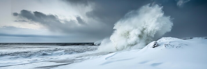 Obraz premium A stunning scene of a snow-covered landscape meeting the ocean, where a powerful wave crashes dramatically, blending winter and ocean beauty.