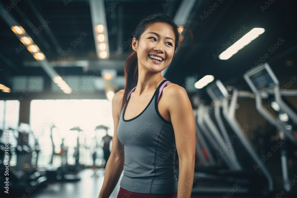 Sticker Asian woman in sportswear walking in a gym smiling fitness smile.