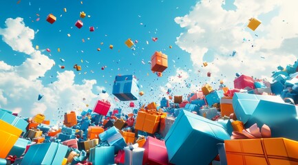 A large pile of colorful gift boxes for New Year Celebration or Christmas. Presents boxes for birthday or product promotion