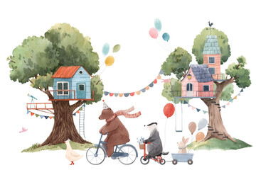 Beautiful kid mural with composition of watercolor hand drawn tree houses and cute forest animals. Stock childish illustration. © Zenina-Lembrik