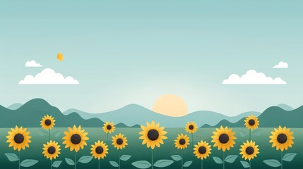 Obraz premium A flat illustration of a sunflower field, minimalist style, clean and simple lines, 2D vector, subtle color tones