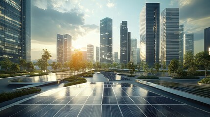 Obraz premium Close up of a modern city view with sustainable infrastructure with solar sidewalks emphasizing green and eco-friendly design elements. Ai generated image