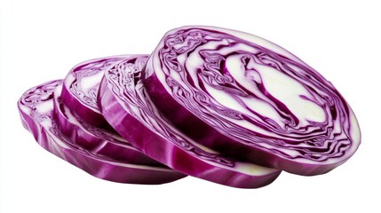 Fototapeta premium Fresh red cabbage sliced into thin, crisp rings, showcasing the deep purple color and white veins. Isolated against a clean white backdrop