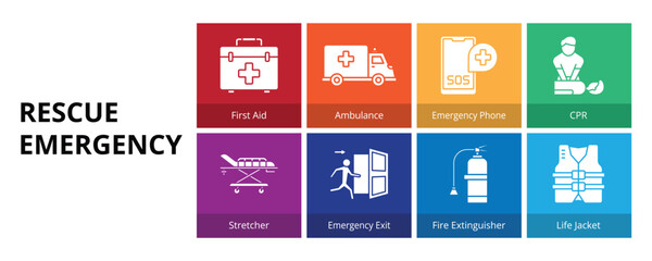 Rescue Emergency Glyph Solid Banner Web Icon Set Vector Illustration, First Aid Ambulance Emergency Phone CPR Stretcher Emergency Exit Fire Extinguisher Life Jacket