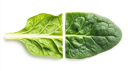 Fototapeta premium Fresh spinach halves layered to show a gradient of green shades and the intricate leaf structure. Perfectly isolated on white for a clean look