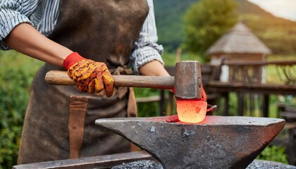 Close-up of blacksmith heavy hammer striking red hot piece of iron on an anvil. Blacksmithing, handwork, metal products