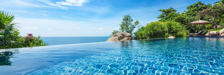 Obraz premium An elegant infinity pool with a breathtaking view of the ocean, surrounded by verdant greenery, creating a serene and luxurious tropical escape.