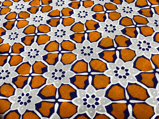orange, blue geometric mughal floral design block printed on Gaji silk