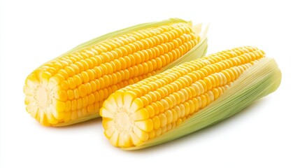 Freshly halved ear of sweet corn, showcasing golden kernels tightly packed on the cob. Isolated on a white background