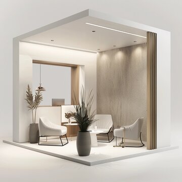 3d render minimalist exhibition booth with white theme. Exhibition stand mock up template