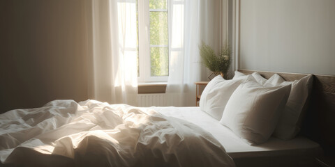 Fototapeta premium Modern Bedroom with Soft Morning Sunlight, Cozy Bedding, and Elegant Decor. White Bedroom