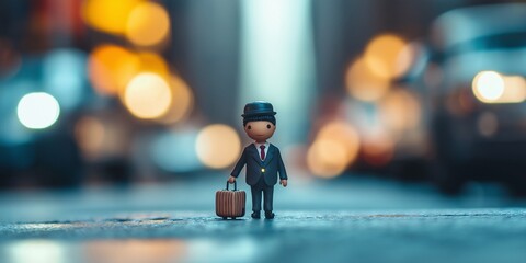 Fototapeta premium A cute toy figure dressed in a suit and carrying a small suitcase